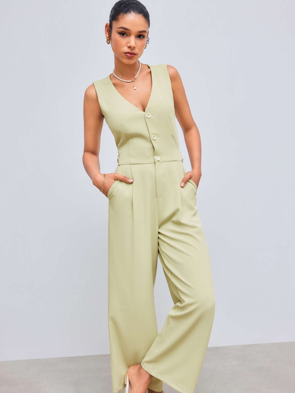 Cider Sleeveless V-Neck Wide-Leg Jumpsuit In Sage